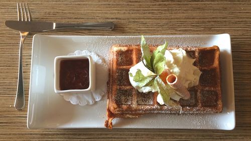 High angle view of breakfast served on table