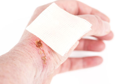 Close-up of human hand against white background