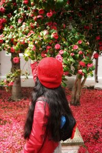 Rear view of woman standing by red flowering plants