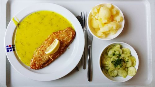 High angle view of food in plate on table