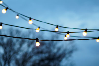 Low angle view of illuminated light bulbs against tree during christmas