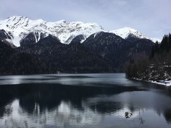 Scenic view of lake and snowcapped mountains against sky