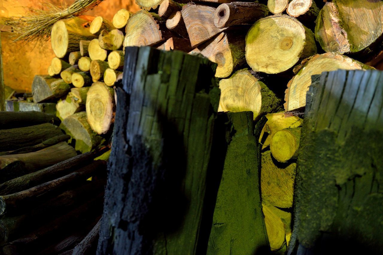 CLOSE-UP OF LOGS STACK OF FIREWOOD