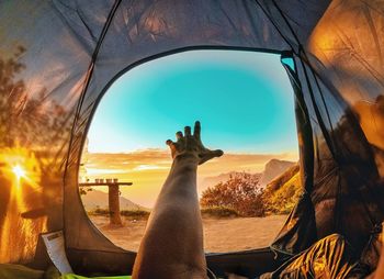 Man seen through glass window during sunset