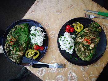 High angle view of food served on table