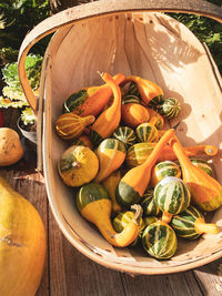 High angle view of pumpkins in container on table