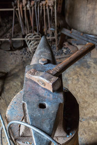 High angle view of rusty machine part