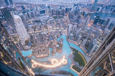 High angle view of dubai cityscape at dusk