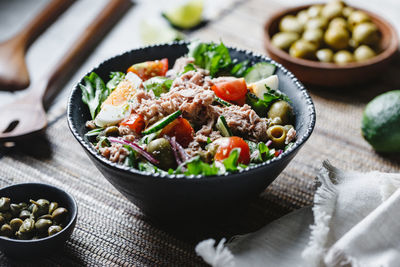 High angle view of food in bowl on table