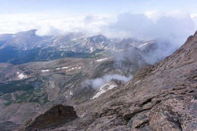 Aerial view of land and mountains against sky