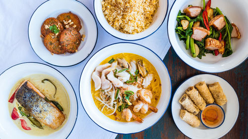 High angle view of food served on table