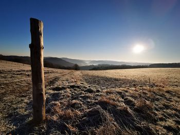 Scenic view of field against clear sky