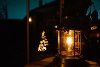 Close-up of illuminated light bulb in garden at night