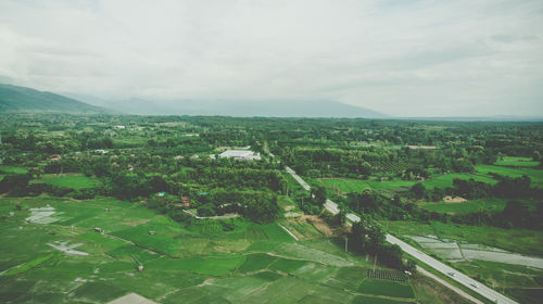 High angle view of agricultural field against sky