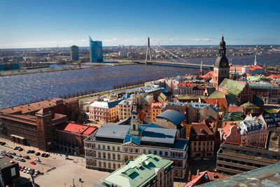 High angle view of buildings in city