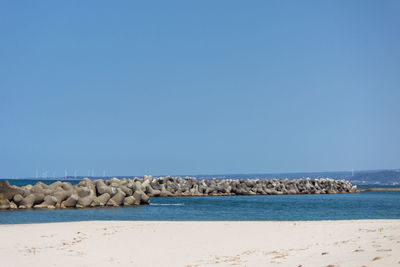 Scenic view of sea against clear blue sky
