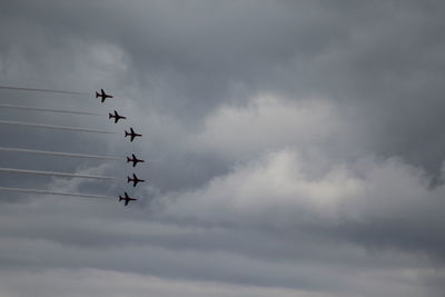 Low angle view of airplane flying against sky