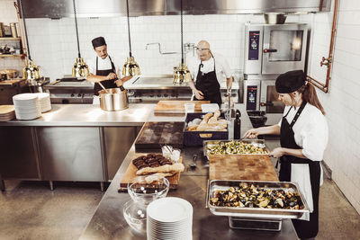 Male and female chefs preparing food in commercial kitchen