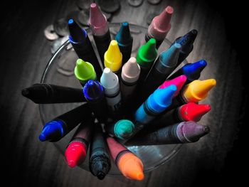 High angle view colorful crayons on table