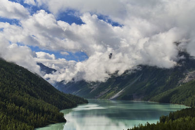 Scenic view of lake by mountains against sky