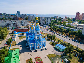 High angle view of buildings in city