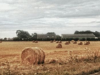 Hay bales on field against sky