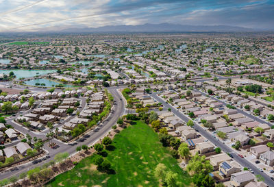 High angle view of road amidst buildings in city