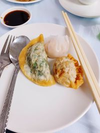 High angle view of food in plate on table