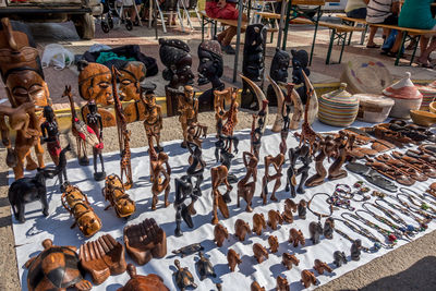 High angle view of shoes for sale at market stall