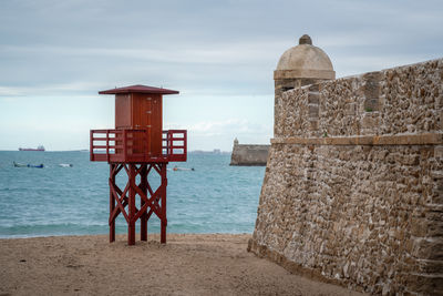 Lighthouse by sea against sky