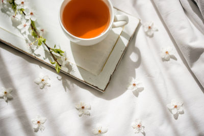 High angle view of tea served on table