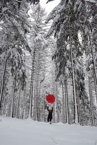 Woman throwing red umbrella in forest during winter