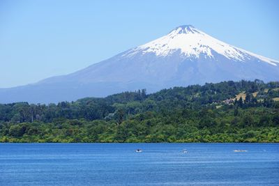 Scenic view of lake against clear blue sky