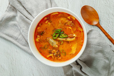 High angle view of soup in bowl on table