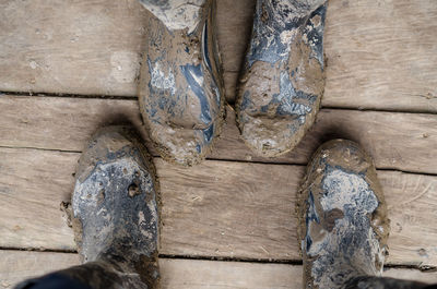 Low section of men with dirty rubber boots standing on wooden floor