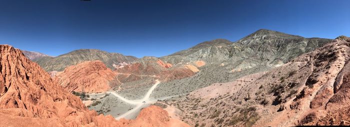 Scenic view of mountains against clear blue sky