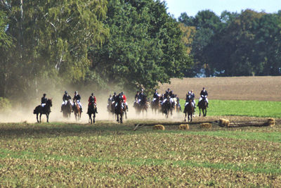 Group of people riding horses on a field at traditional fuchsjagd 