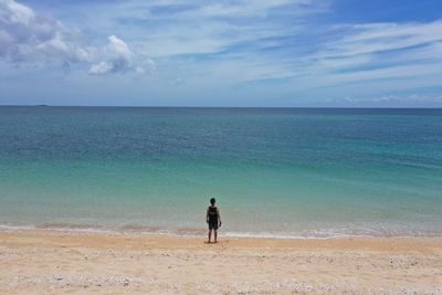 Rear view of man standing at beach against sky