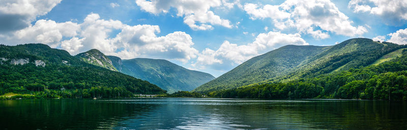 Scenic view of lake and mountains against sky