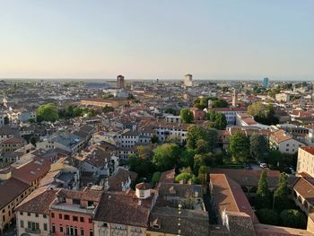 High angle view of townscape against clear sky
