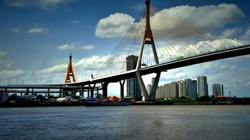 Suspension bridge over river against cloudy sky