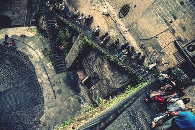 High angle view of people in historic building
