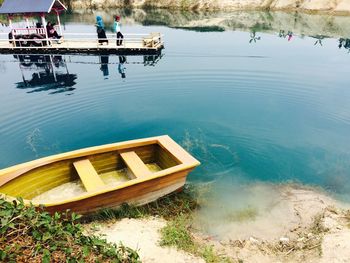 High angle view of boats moored in lake