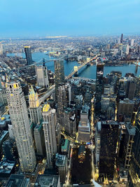 High angle view of illuminated buildings in city