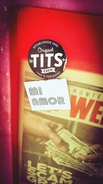 Close-up of information sign