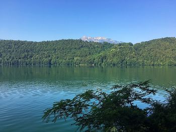 Scenic view of lake against clear blue sky