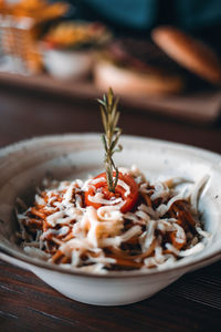 Close-up of meal served in plate on table