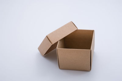 High angle view of open box on white background