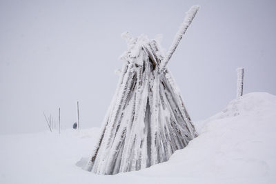 Low angle view of frozen landscape against clear sky