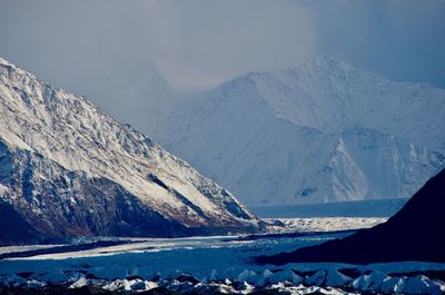 Scenic view of snow covered mountains against sky